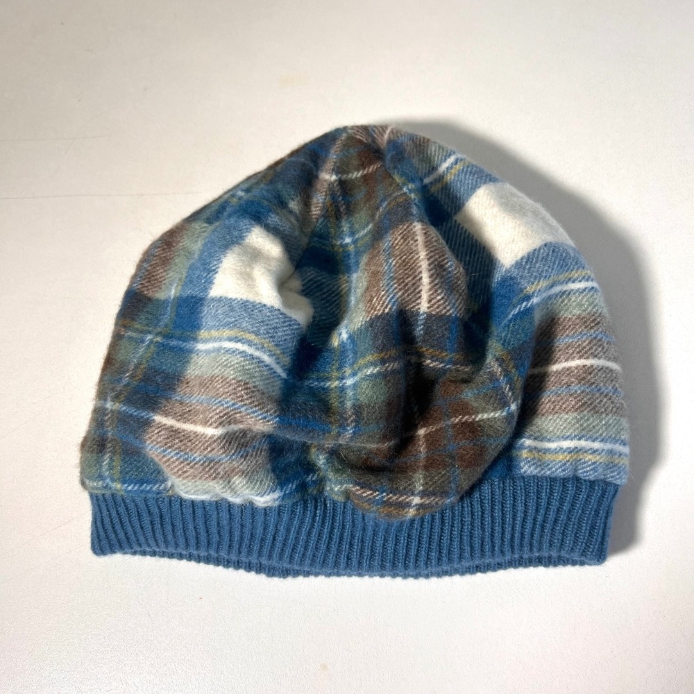 Edinburgh Cashmere Hat Blue Plaid Beanie 100% Cashmere‎ Lined Winter Casual